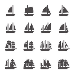 Icons of sailing ships in glyph style / There are ships like cat, yal, sloop, cutter, ketch, Bermuda schooner, yol, tender, brig, brigantine