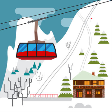 Winter landscape with ski resort, ski funicular and hotels