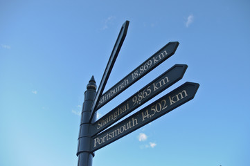 Fototapeta premium Multi-direction arrows pointing to cities around the world