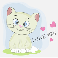 Cute cartoon kitty with lettering I Love You.