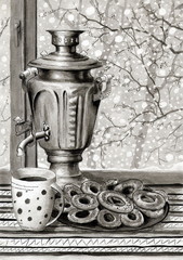 Рисунок тушью "Натюрморт с самоваром и сушками"
