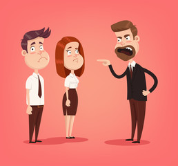 Angry mad boss character screaming at employees office workers. Vector flat cartoon illustration