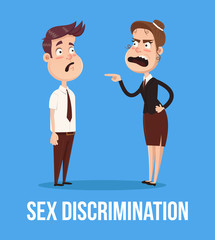Gender discrimination concept. Angry boss woman screaming at man character employee office worker. Vector flat cartoon illustration