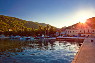 Island of Vis harbor at sunset view