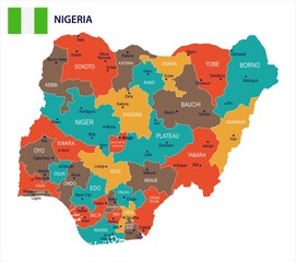 Nigeria - map and flag Detailed Vector Illustration - obrazy, fototapety, plakaty