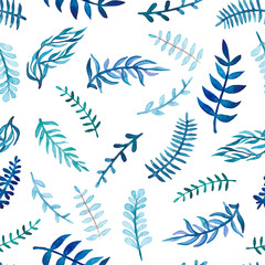 Fototapeta na wymiar Herbal Seamless Pattern of Watercolor Blue Leaves