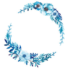 Watercolor Wreath with Blue Flowers and Leaves