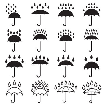 Umbrella and rain drops icons. Collection of 16 black pictograms isolated on a white background. Vector illustration