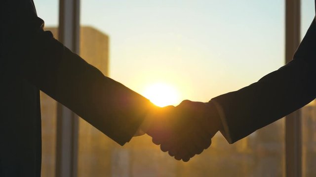 The two business people handshake on the sunset background. slow motion