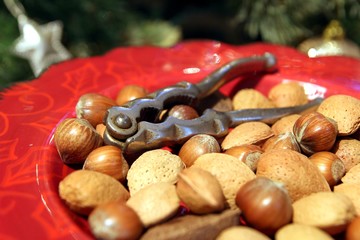 Pretty red Christmas plate with traditional festive almonds, hazelnuts and Brazil nuts, with a nutcracker