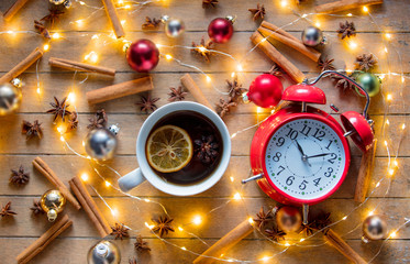 Christmas cup of tea and alarm clock