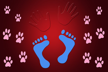 Illustration of Foot Prints and Hand Prints Red Background