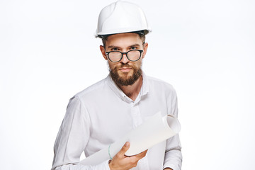 Engineer with beard on white isolated background, builder