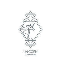 Vector line art unicorn horse logo icon or emblem. Unicorn polygonal head in rhombus shape. Outline geometric illustration for poster, greeting card, wall decoration sticker and prints.
