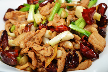 Close up of stir fried shredded pork with vegetables on plate