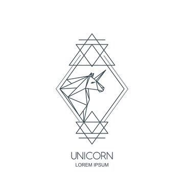 Fototapeta Vector line art unicorn horse logo icon or emblem. Unicorn polygonal head in rhombus shape. Outline geometric illustration for poster, greeting card, wall decoration sticker and prints.