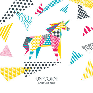 Vector color illustration of unicorn horse with patchwork geometric triangle texture. Creative logo icon or emblem. Design for poster, greeting card, wall decoration sticker, print.