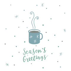 Christmas card with hand drawn mug with hot drink, snowflakes and lettering, Christmas design elements