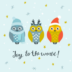 Christmas card with cute owls and hand written lettering, Christmas design elements