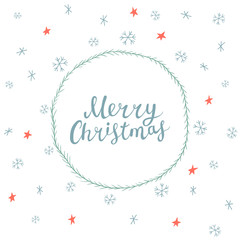 Christmas card with hand drawn round frame, snowflakes, stars and lettering