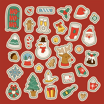 Christmas greeting card stickers symbols vector winter celebration design holidays winter decoration ornament illustration.