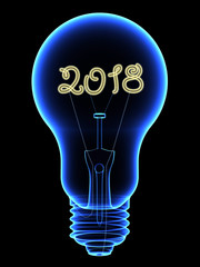 X-Ray lightbulb with sparkling 2018 digits inside isolated on black