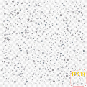 Silver glitter stars falling from the sky on transparent  background. Abstract Background. Glitter pattern for banner. Vector illustration.