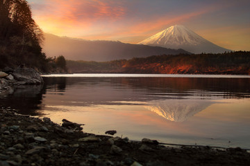 Beautiful scenery during sunrise of Lake Saiko in Japan with beautiful water reflection of Mountain Fuji. Travel and Attraction Concept
