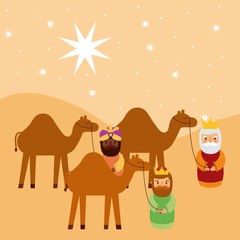cartoon wise king with camel manger traditional vector illustration