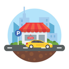 Car Parking in front of store at the city illustration