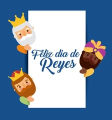 feliz dia de los reyes three magic kings bring presents to jesus vector illustration