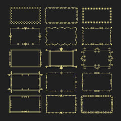 Golden rectangle frames and borders emblem icons set on black background