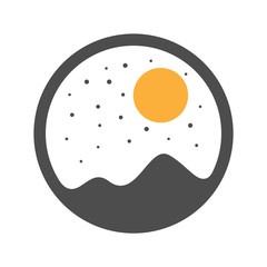 Fried Egg In Pan. Flat Design Vector Illustration Of Fried Egg In A Pan iguring Mountains, Stars And Sun Shapes.