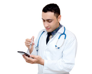 Doctor hand holding the smart phone with syringe; equipment on injection mobile isolated on white background, medical concept.