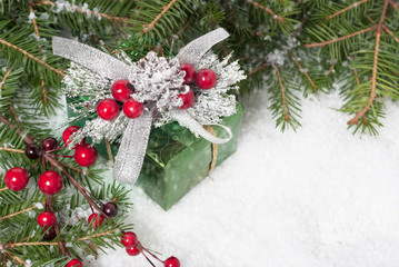 Fototapeta na wymiar Green gift box on snow among branches