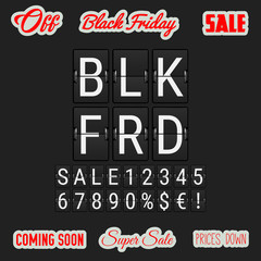 Black Friday Coming Soon! Analog Flip Clock Letters, Numbers and Signs. A Set of Labels Black Friday Related in Different Fonts. Vector Illustration