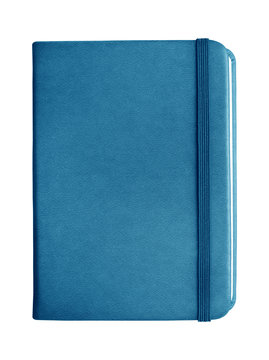 Blue leather notebook with elastic band closure isolated on white background.