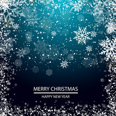 Christmas greeting card with snow flakes on blue background. Vector