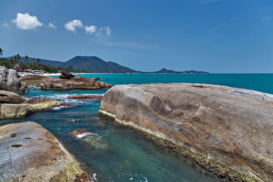 granite rocky beaches on tropical sea. Koh Samui, Thailand,