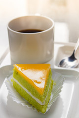 Coffee break with cake at business meeting..