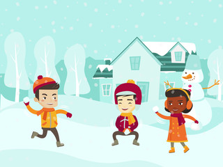 Multicultural children playing snowball fight and having fun in snow in winter. Happy African-american, Asian, Caucasian little friends having fun while playing snowballs. Vector cartoon illustration.