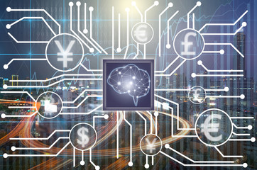 Abstract photo of FINTECH connection and Artificial intelligence of brain technology over Trading graph on the cityscape background,Showing the cryptocurrency or digital money,Fintech and AI concept