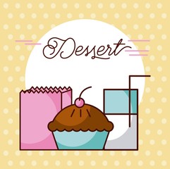 dessert cake milk glass and paper bag vector illustration