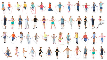 Fototapeta na wymiar Collage of people with jumping ropes on white background