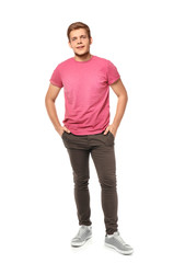 Fototapeta premium Teenager boy in casual clothes on white background