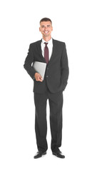 Young man with laptop on white background