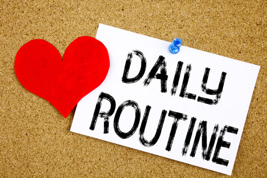 Conceptual hand writing text caption inspiration showing Daily Routine concept for Accuracy Procedure and Love written on sticky note, reminder cork background with copy space