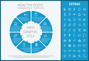 Healthy food infographic template, elements and icons. Infograph includes customizable circular diagram, line icon set with food plate, restaurant meal ingredients, eat plan, vegetables, meat etc.