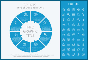 Sports infographic template, elements and icons. Infograph includes customizable circular diagram, line icon set with sport equipment, sports field, competitive games, champion pedestal, athlete etc.