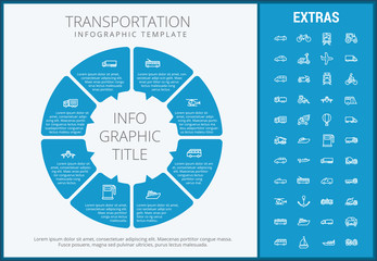 Transportation infographic template, elements and icons. Infograph includes customizable circular diagram, line icon set with transport vehicle, truck trailer, airplane flight, car, bus, train etc.